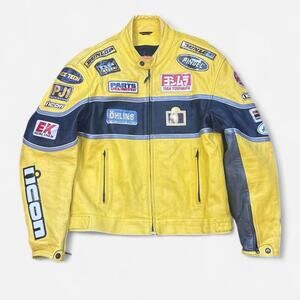 Y2K Distressed Icon Moto Racing Leather Jacket Yellow Black Patches Biker